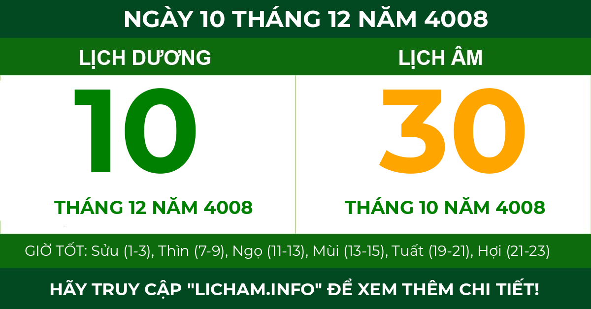 lịch âm ngày 10 tháng 12 năm 4008