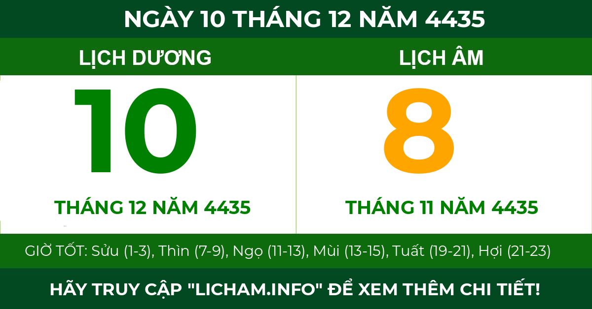 lịch âm ngày 10 tháng 12 năm 4435