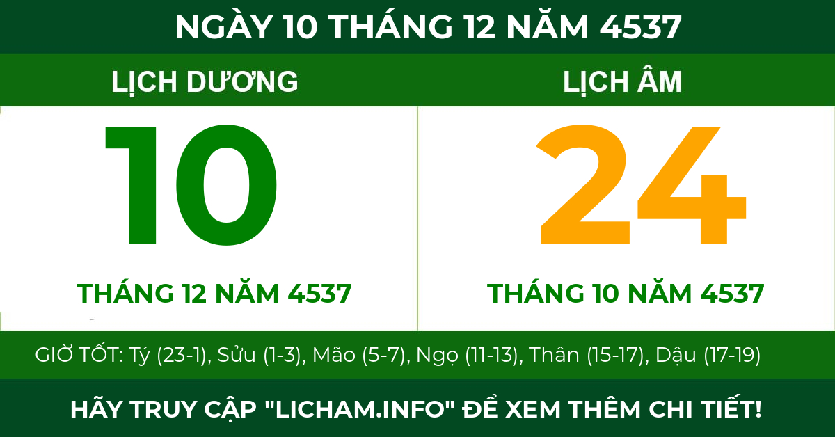 lịch âm ngày 10 tháng 12 năm 4537