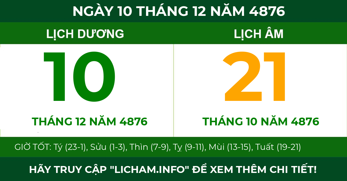 lịch âm ngày 10 tháng 12 năm 4876