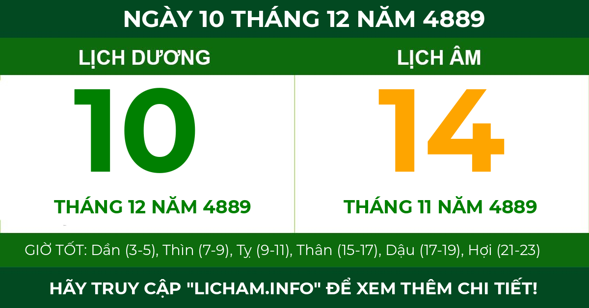 lịch âm ngày 10 tháng 12 năm 4889