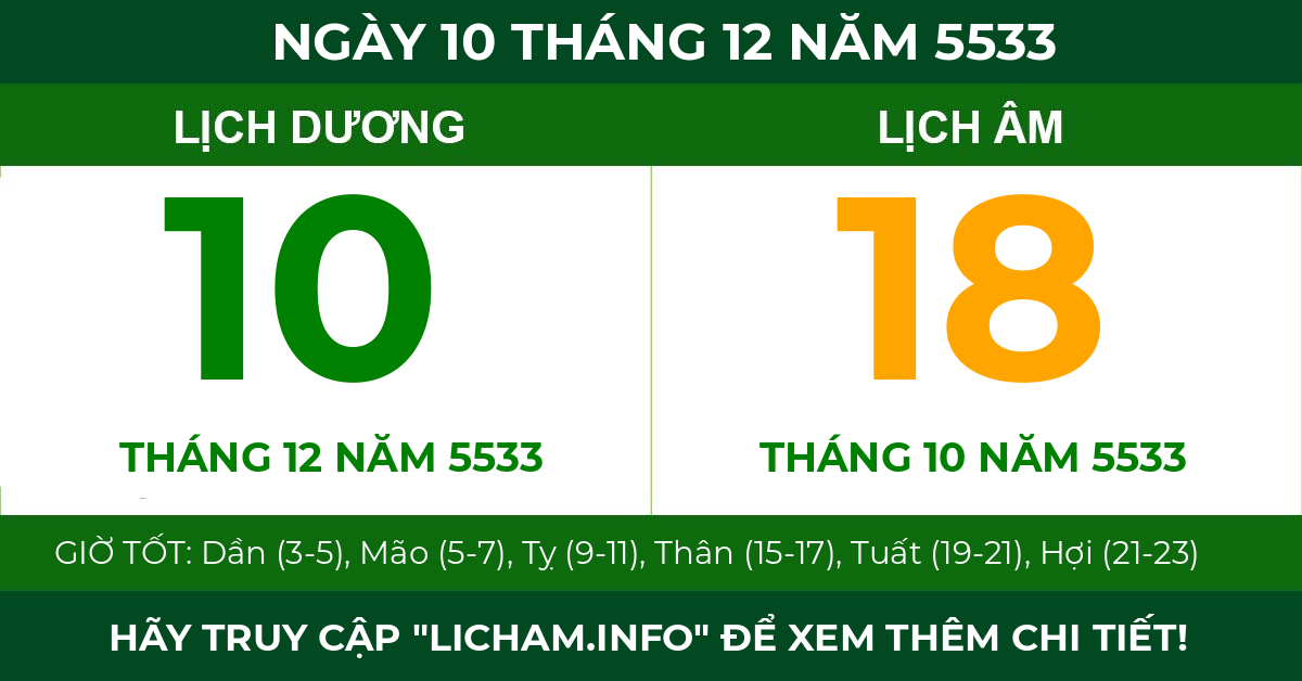 lịch âm ngày 10 tháng 12 năm 5533