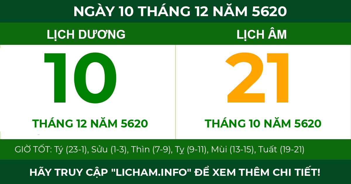lịch âm ngày 10 tháng 12 năm 5620