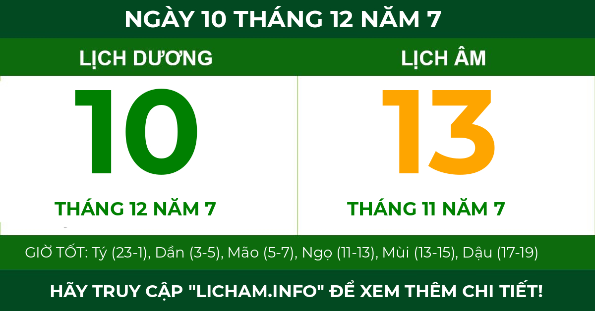lịch âm ngày 10 tháng 12 năm 7