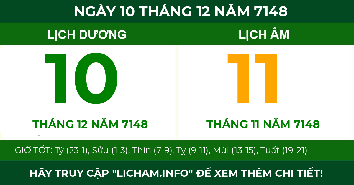 lịch âm ngày 10 tháng 12 năm 7148