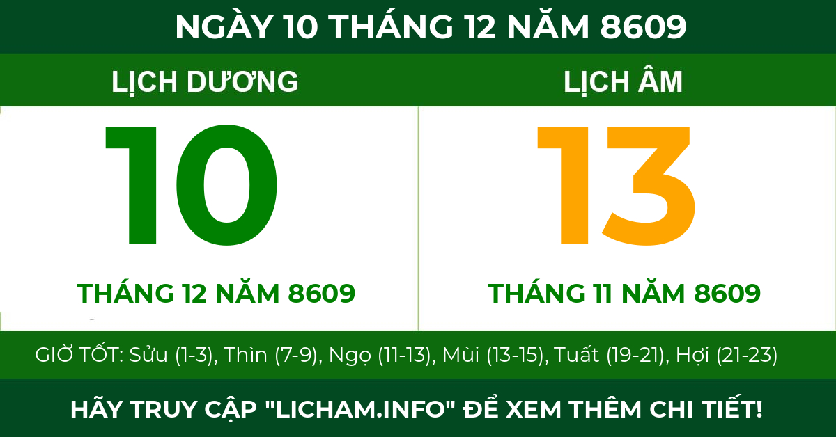 lịch âm ngày 10 tháng 12 năm 8609