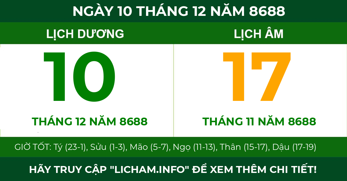 lịch âm ngày 10 tháng 12 năm 8688