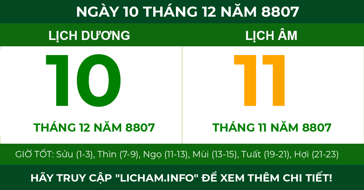 lịch âm ngày 10 tháng 12 năm 8807
