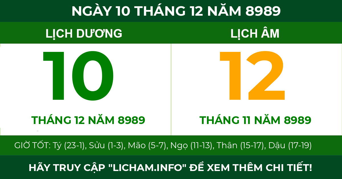 lịch âm ngày 10 tháng 12 năm 8989