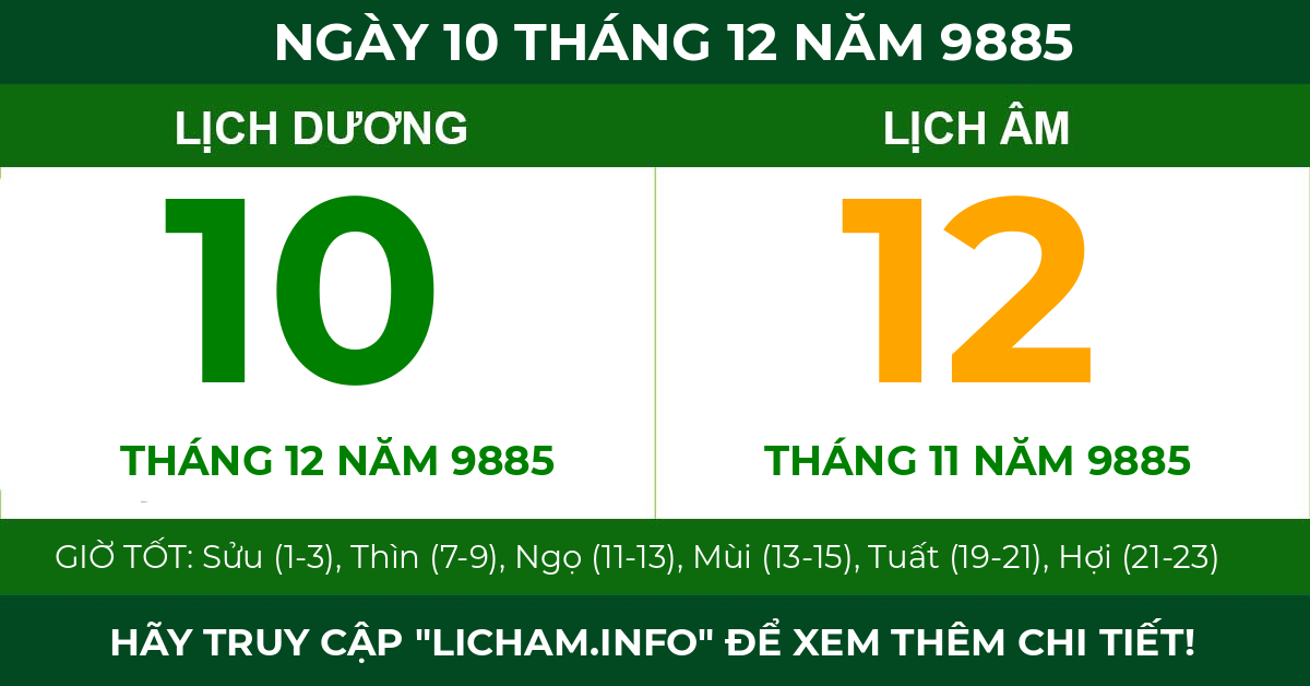 lịch âm ngày 10 tháng 12 năm 9885