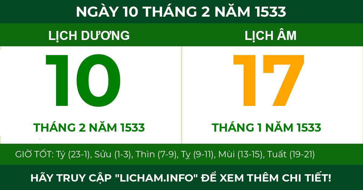 lịch âm ngày 10 tháng 2 năm 1533