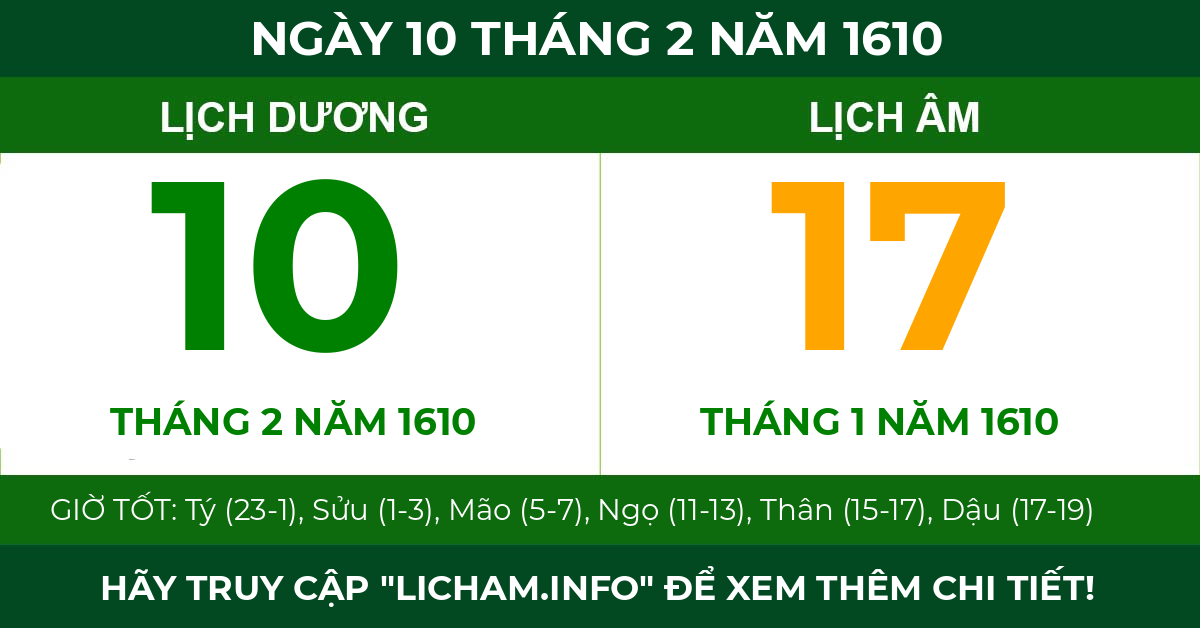 lịch âm ngày 10 tháng 2 năm 1610