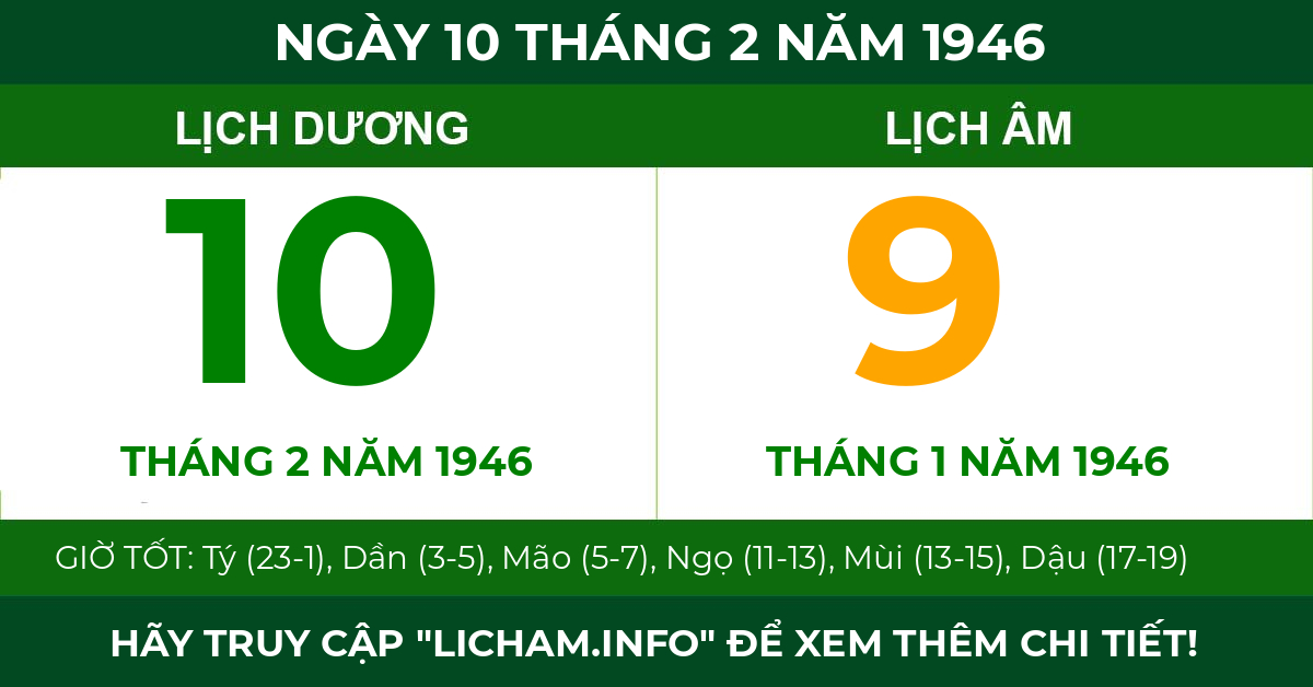lịch âm ngày 10 tháng 2 năm 1946