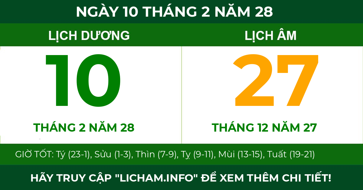 lịch âm ngày 10 tháng 2 năm 28