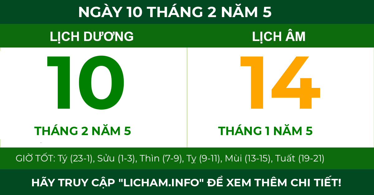 lịch âm ngày 10 tháng 2 năm 5