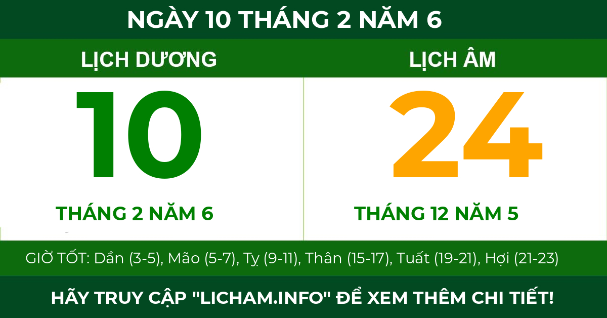 lịch âm ngày 10 tháng 2 năm 6
