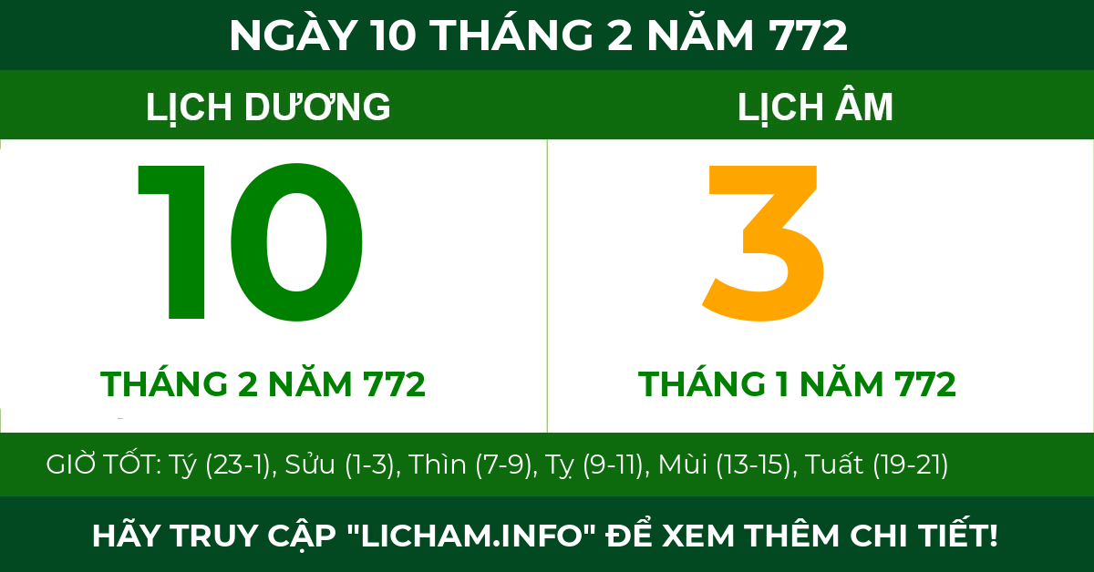 lịch âm ngày 10 tháng 2 năm 772