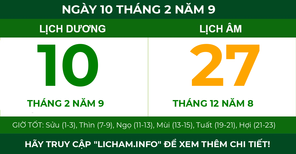 lịch âm ngày 10 tháng 2 năm 9