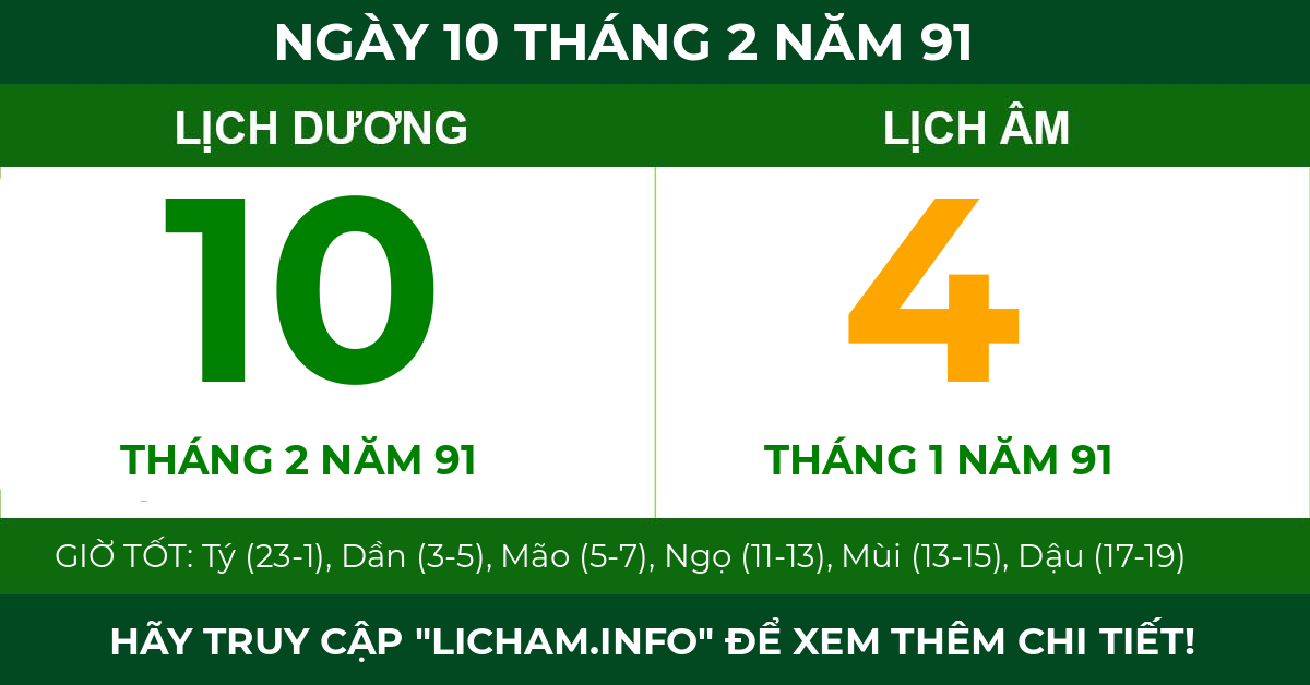 lịch âm ngày 10 tháng 2 năm 91