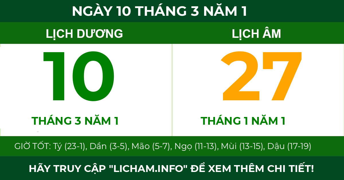 lịch âm ngày 10 tháng 3 năm 1