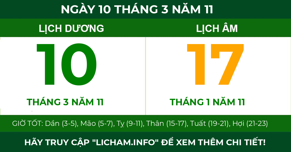 lịch âm ngày 10 tháng 3 năm 11
