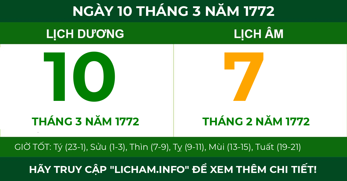 lịch âm ngày 10 tháng 3 năm 1772