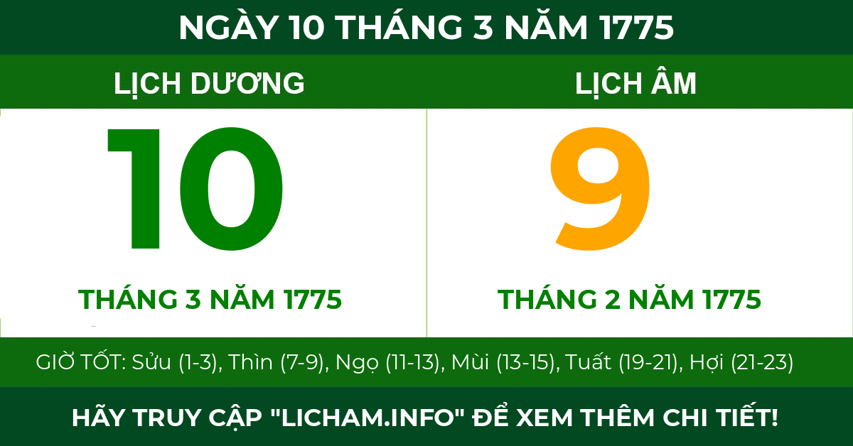 lịch âm ngày 10 tháng 3 năm 1775