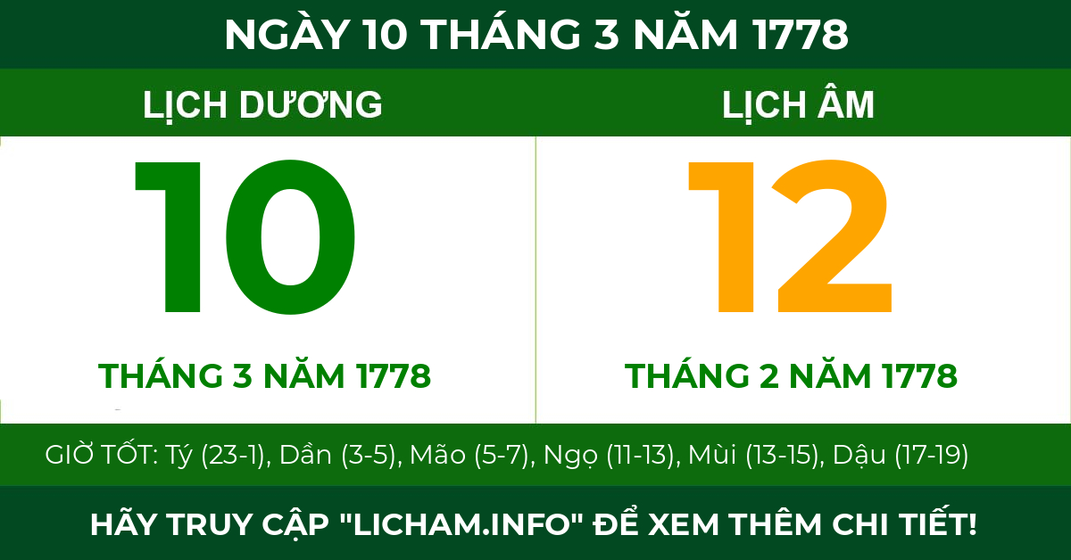 lịch âm ngày 10 tháng 3 năm 1778
