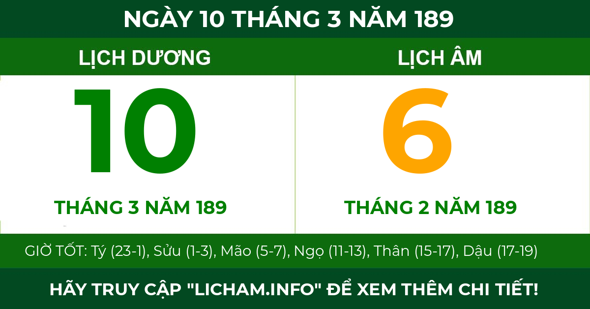 lịch âm ngày 10 tháng 3 năm 189