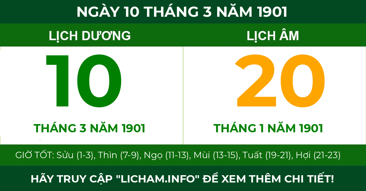 lịch âm ngày 10 tháng 3 năm 1901