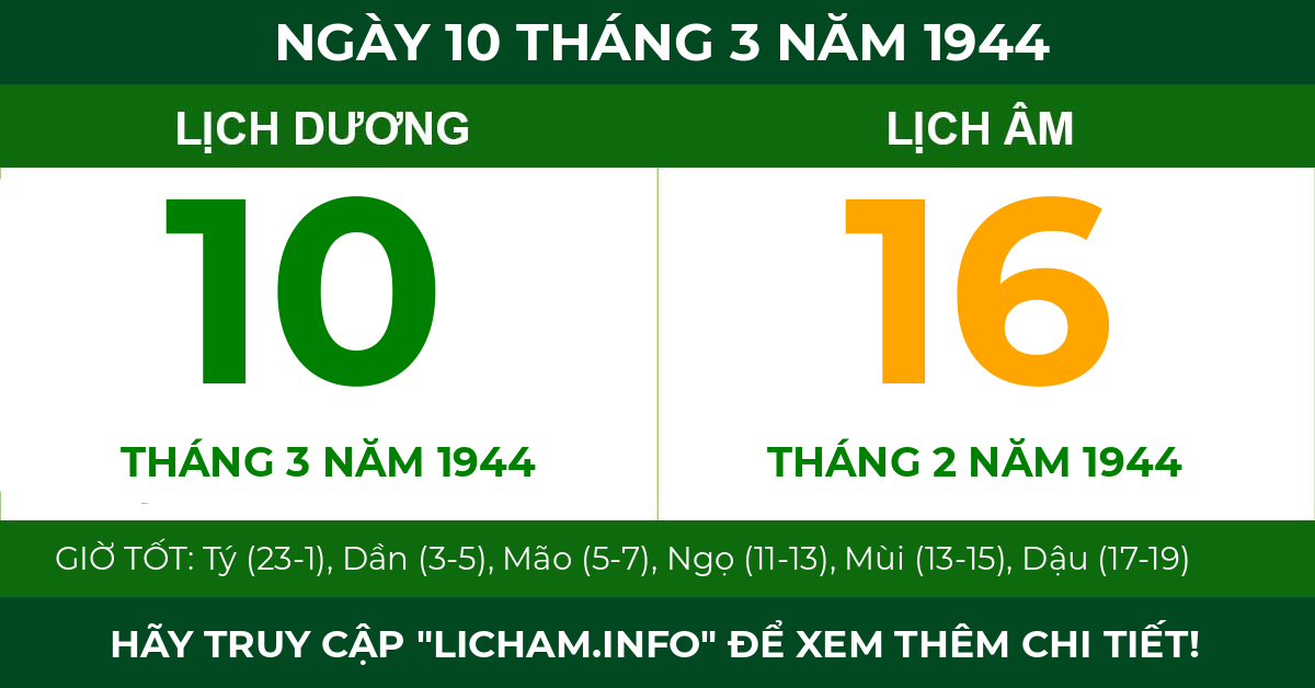lịch âm ngày 10 tháng 3 năm 1944