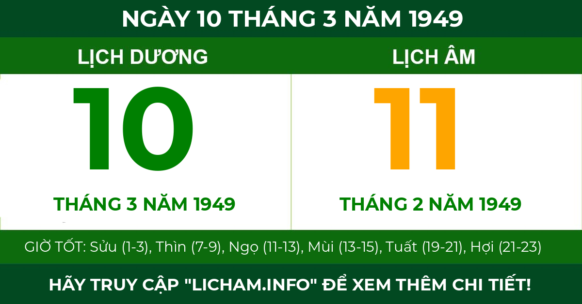 lịch âm ngày 10 tháng 3 năm 1949
