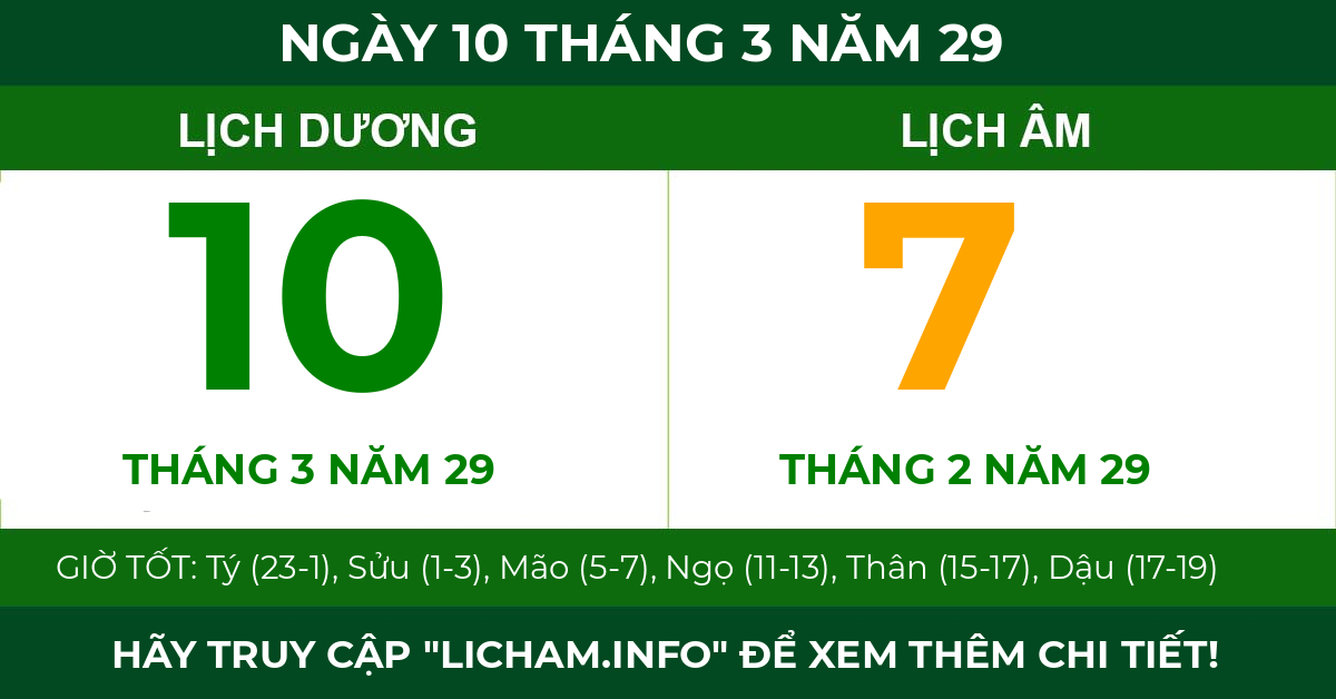 lịch âm ngày 10 tháng 3 năm 29