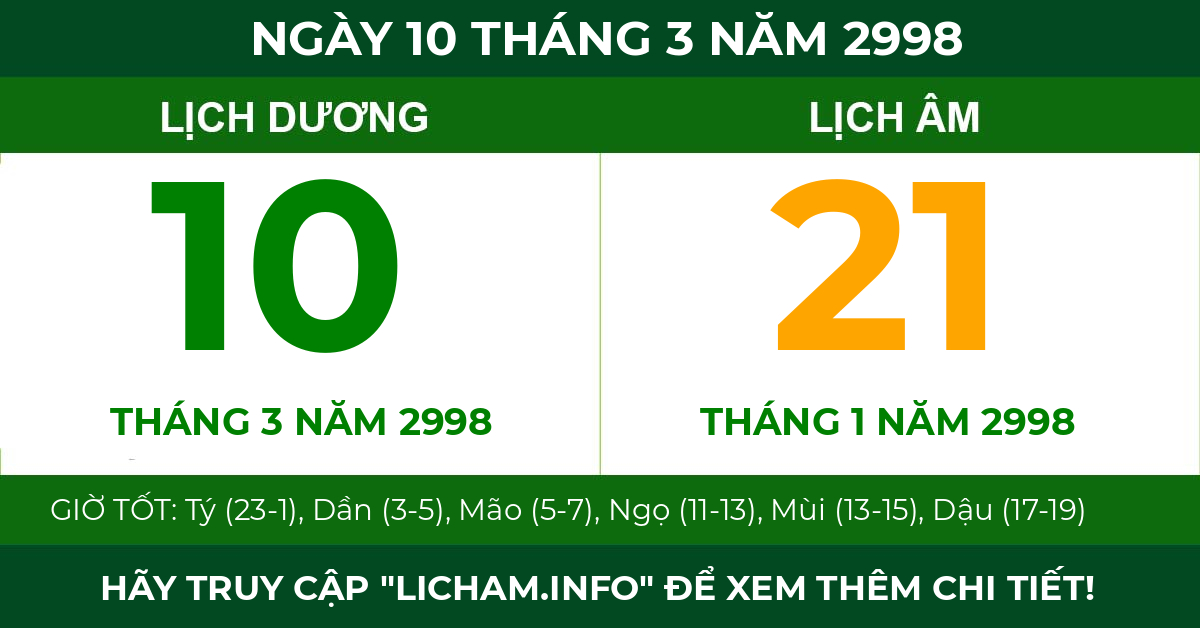 lịch âm ngày 10 tháng 3 năm 2998
