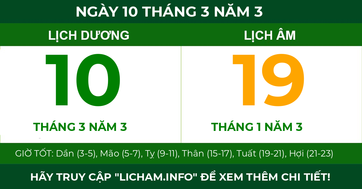 lịch âm ngày 10 tháng 3 năm 3