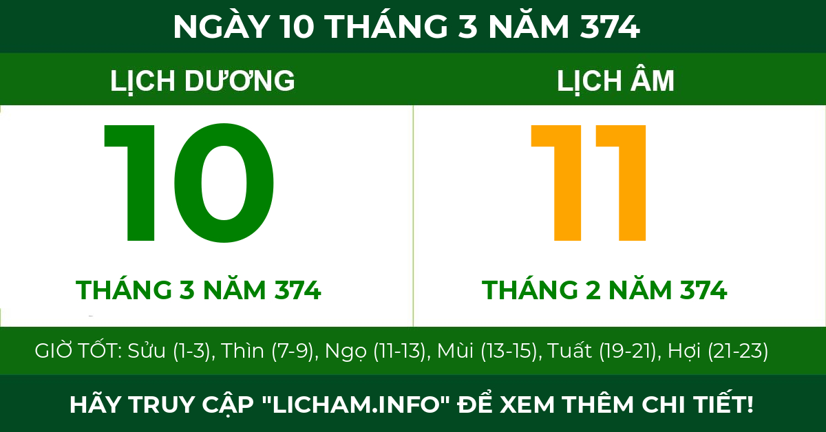 lịch âm ngày 10 tháng 3 năm 374