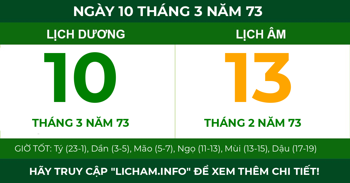 lịch âm ngày 10 tháng 3 năm 73