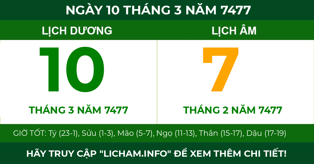 lịch âm ngày 10 tháng 3 năm 7477