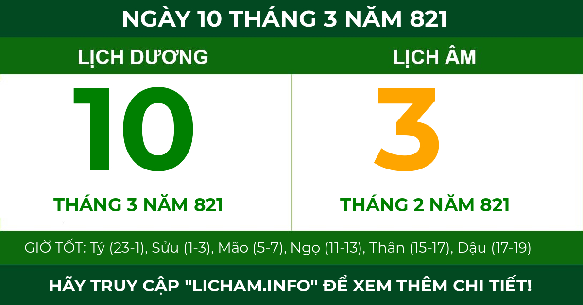 lịch âm ngày 10 tháng 3 năm 821
