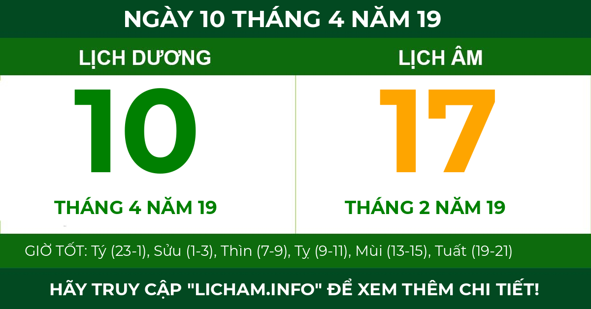 lịch âm ngày 10 tháng 4 năm 19