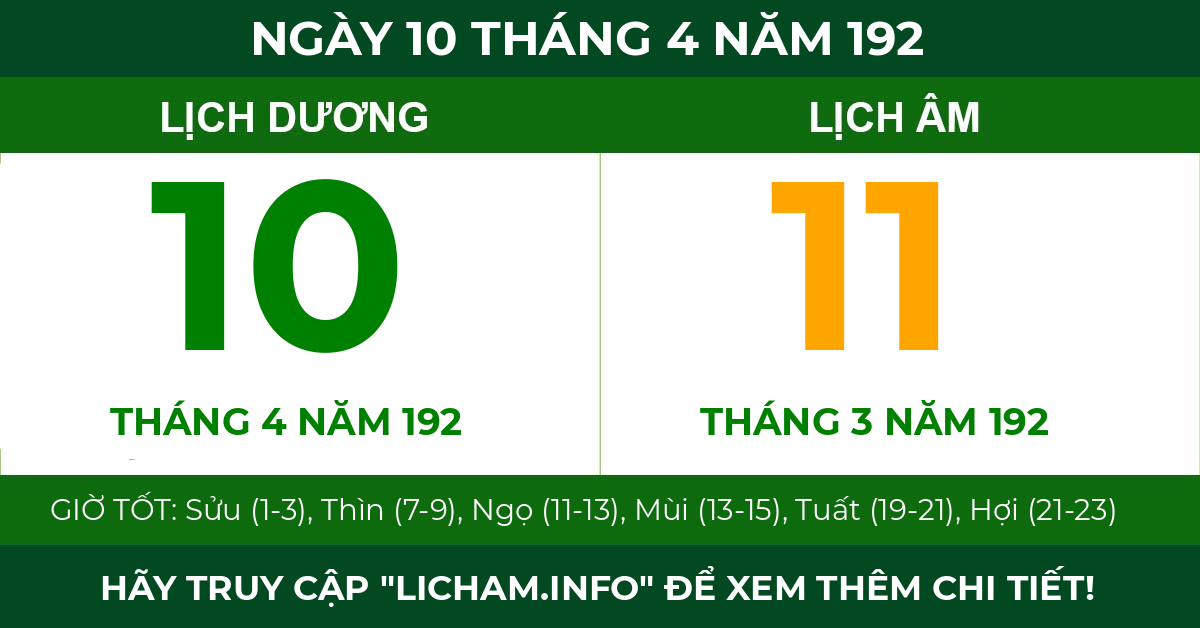 lịch âm ngày 10 tháng 4 năm 192