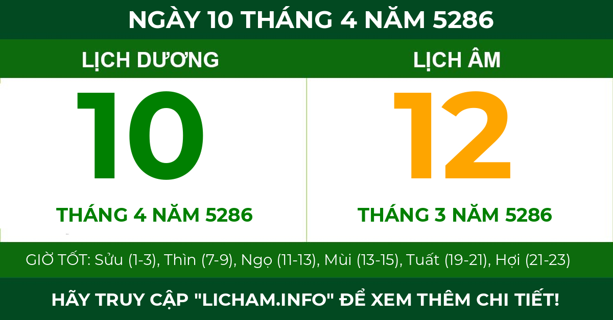 lịch âm ngày 10 tháng 4 năm 5286
