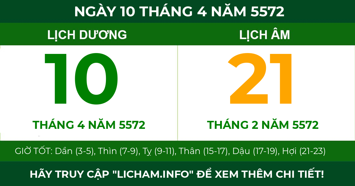 lịch âm ngày 10 tháng 4 năm 5572