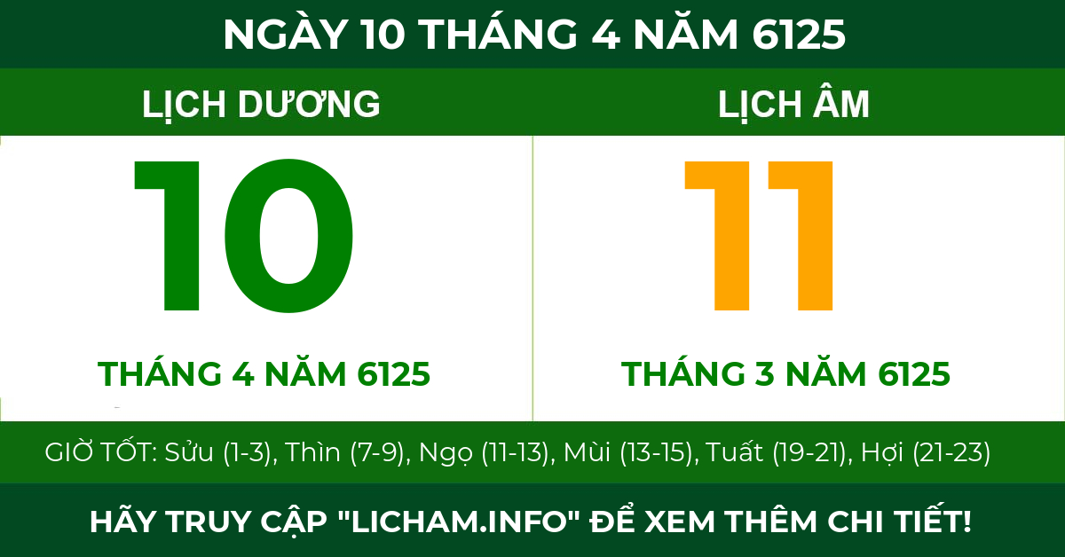 lịch âm ngày 10 tháng 4 năm 6125
