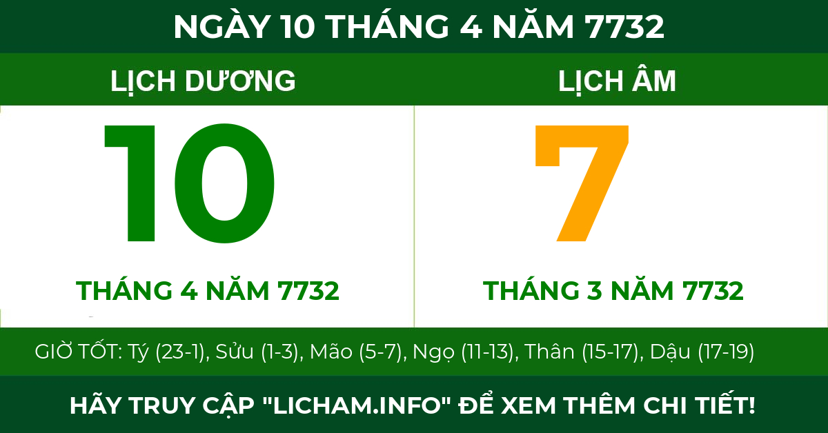 lịch âm ngày 10 tháng 4 năm 7732
