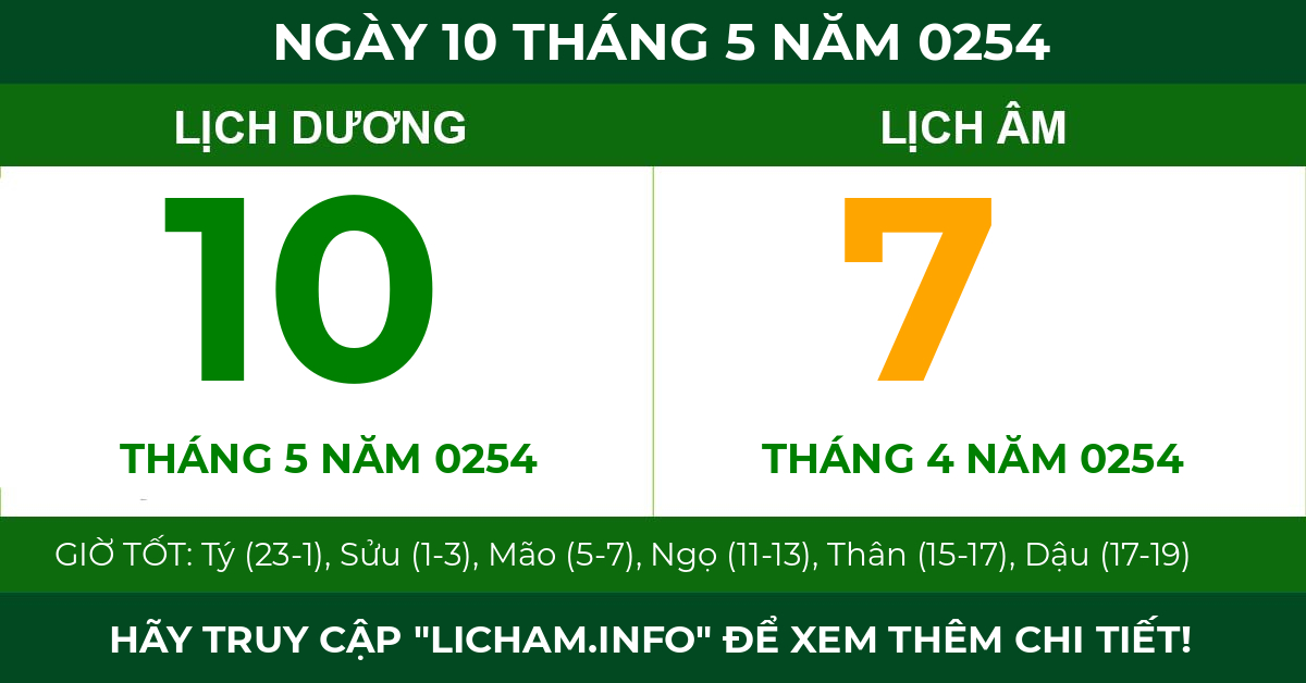 lịch âm ngày 10 tháng 5 năm 0254