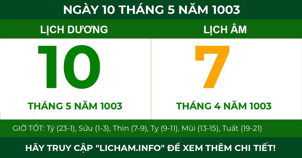 lịch âm ngày 10 tháng 5 năm 1003