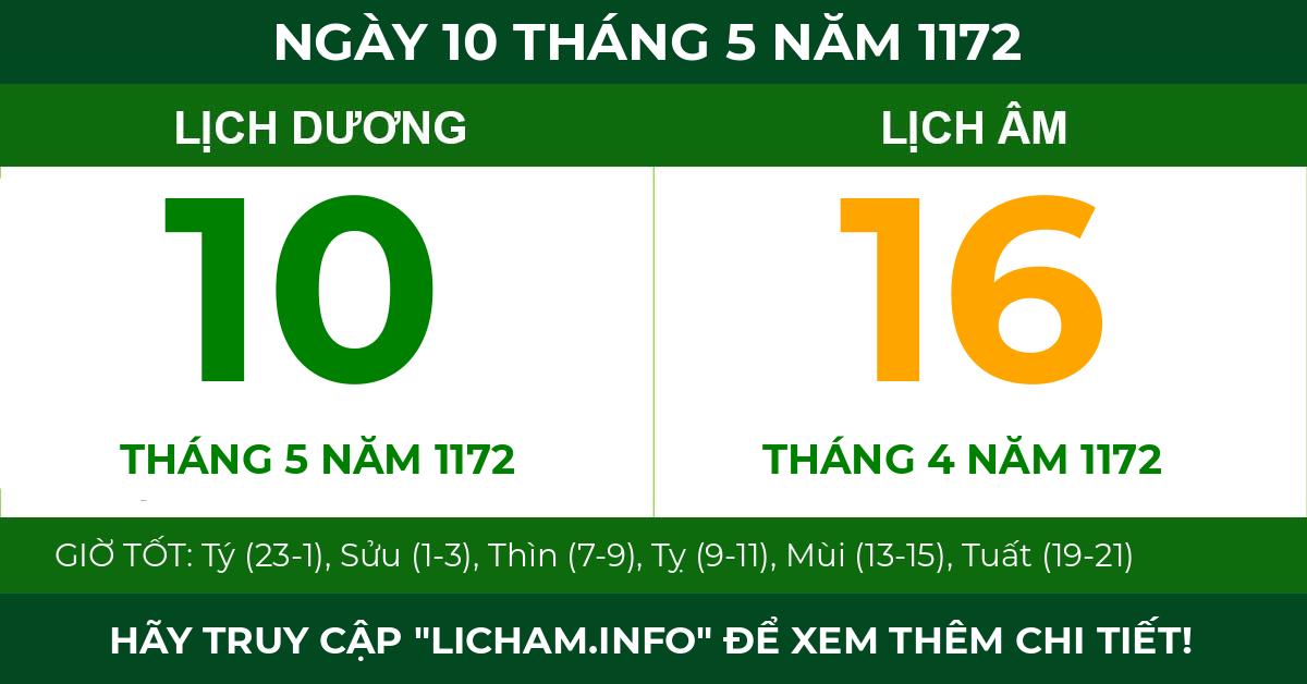 lịch âm ngày 10 tháng 5 năm 1172