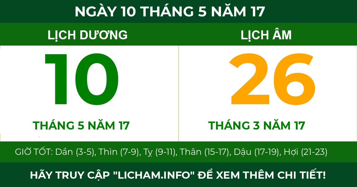 lịch âm ngày 10 tháng 5 năm 17