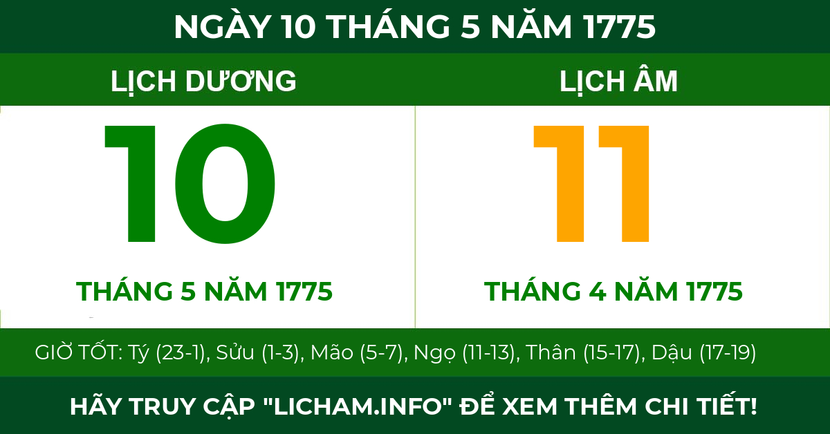 lịch âm ngày 10 tháng 5 năm 1775